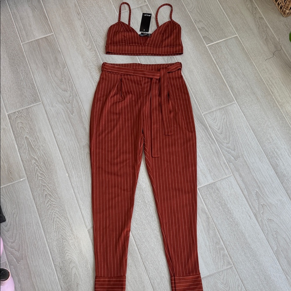 Nasty Gal Burnt Orange Pinstripe Pants and Crop Top Set